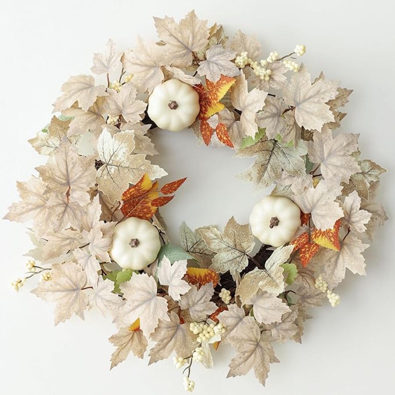 Fall Wreaths for Front Door 19 inch White Fall Wreath with Artificial Maple Leaves Pumpkin Autumn Leaf Thanksgiving Halloween Harvest Door Decorations for Wall Porch Home Decor (White)